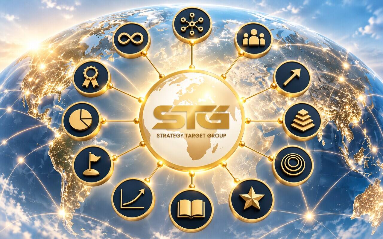 STG-Emblem mit zwölf goldenen Linien zu zwölf Vergütungssymbolen auf globalem Hintergrund