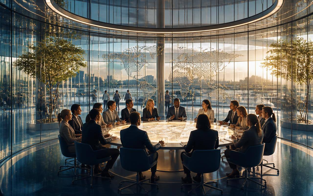 Internationales Team an einem runden Tisch in moderner Architektur