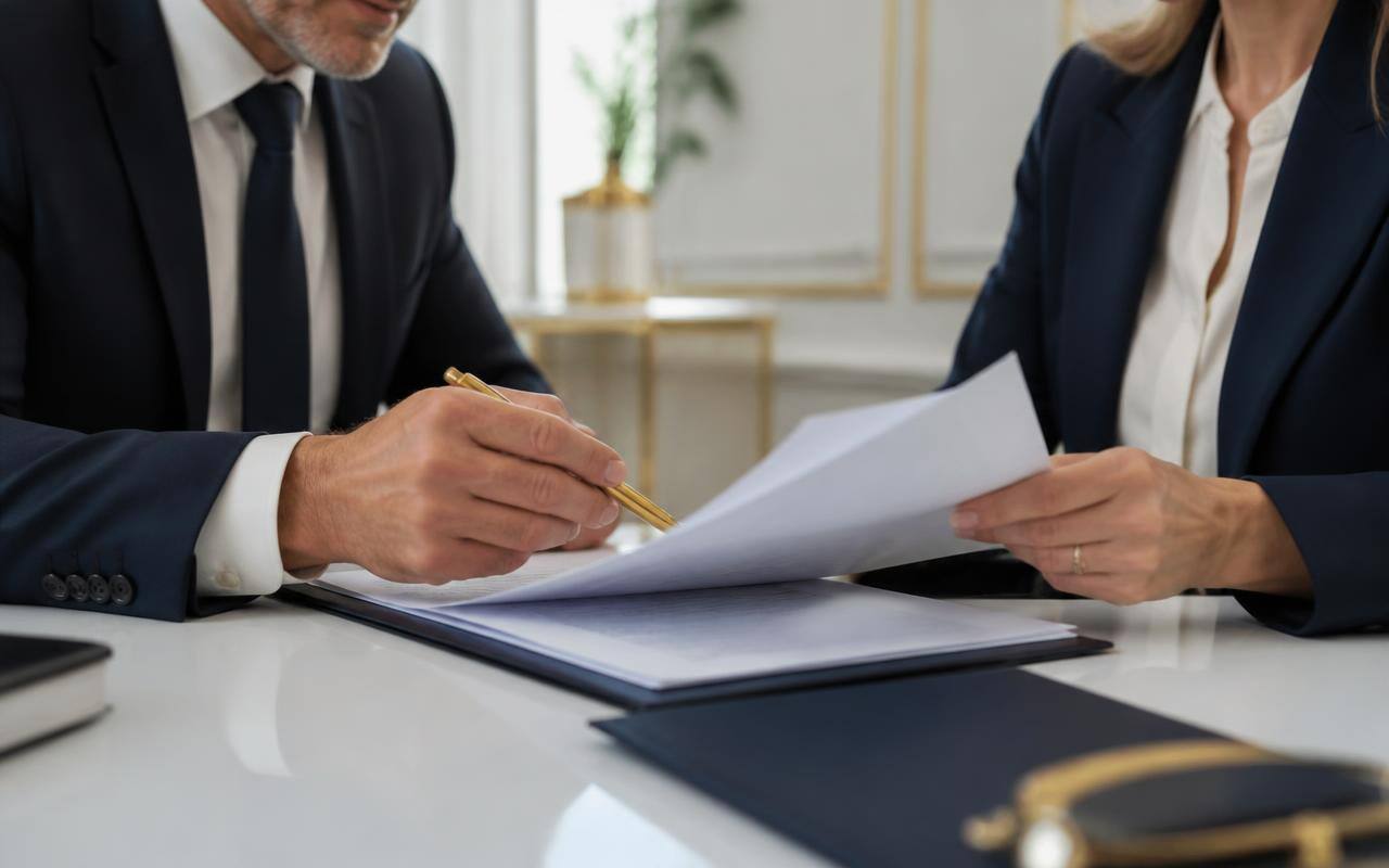 Zwei Geschäftsleute prüfen gemeinsam Vertragsunterlagen