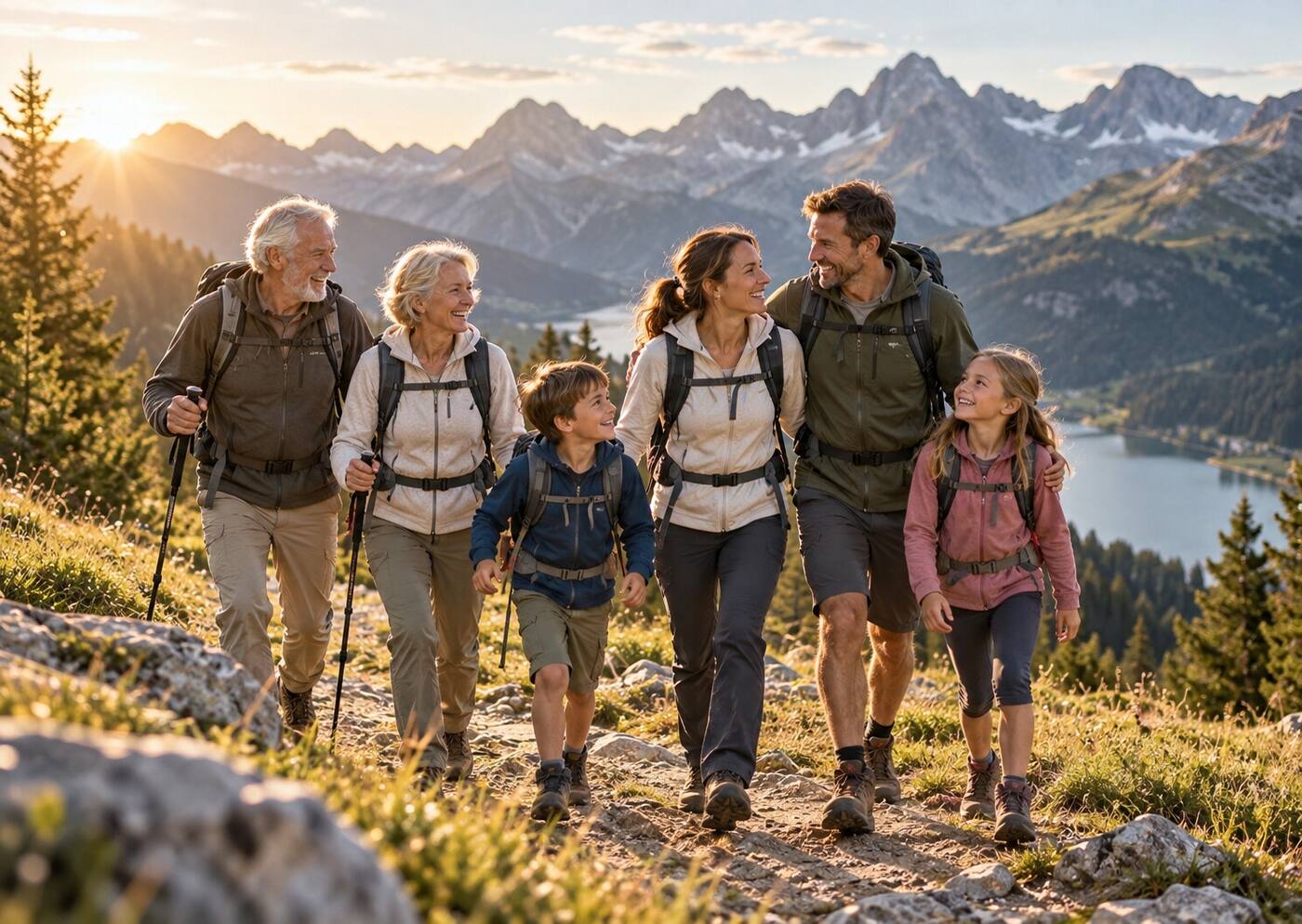 Drei-Generationen-Familie wandert lachend gemeinsam auf einem Bergpfad