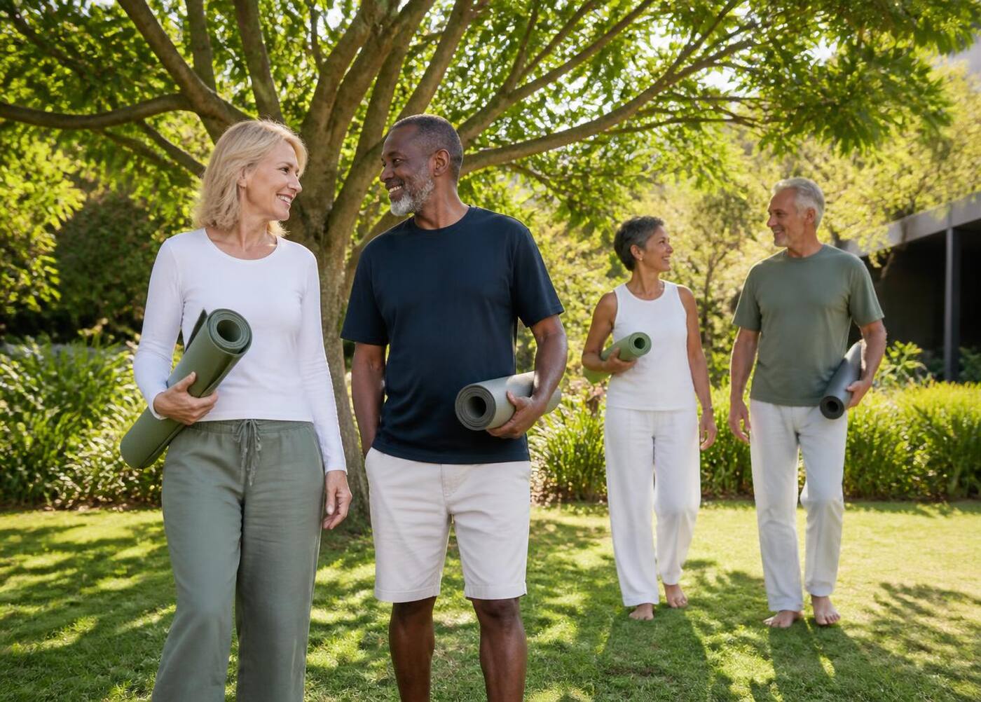 Vitale Menschen genießen gemeinsam Bewegung in einem hellen Garten